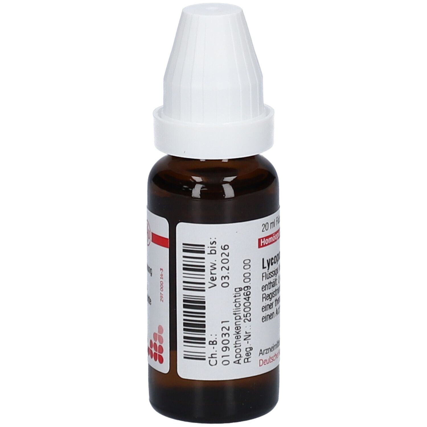 Braune Glasflasche mit weißem Verschluss. Etikett mit Text: Lycopodium D2, 20 ml Flüssige Verdünnung. Apothekenpflichtig.