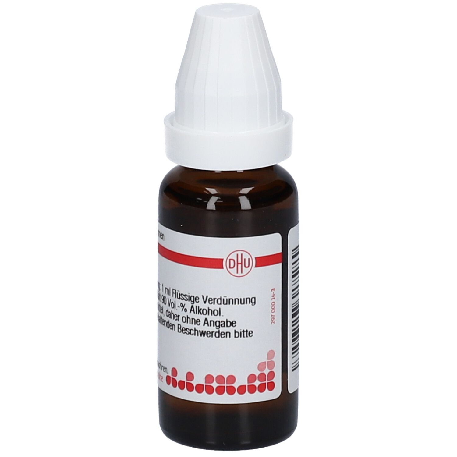 Braune Glasflasche mit weißem Verschluss. Etikett mit Text: DHU, Lycopodium D2, 1 ml Flüssige Verdünnung. Enthält Alkohol.