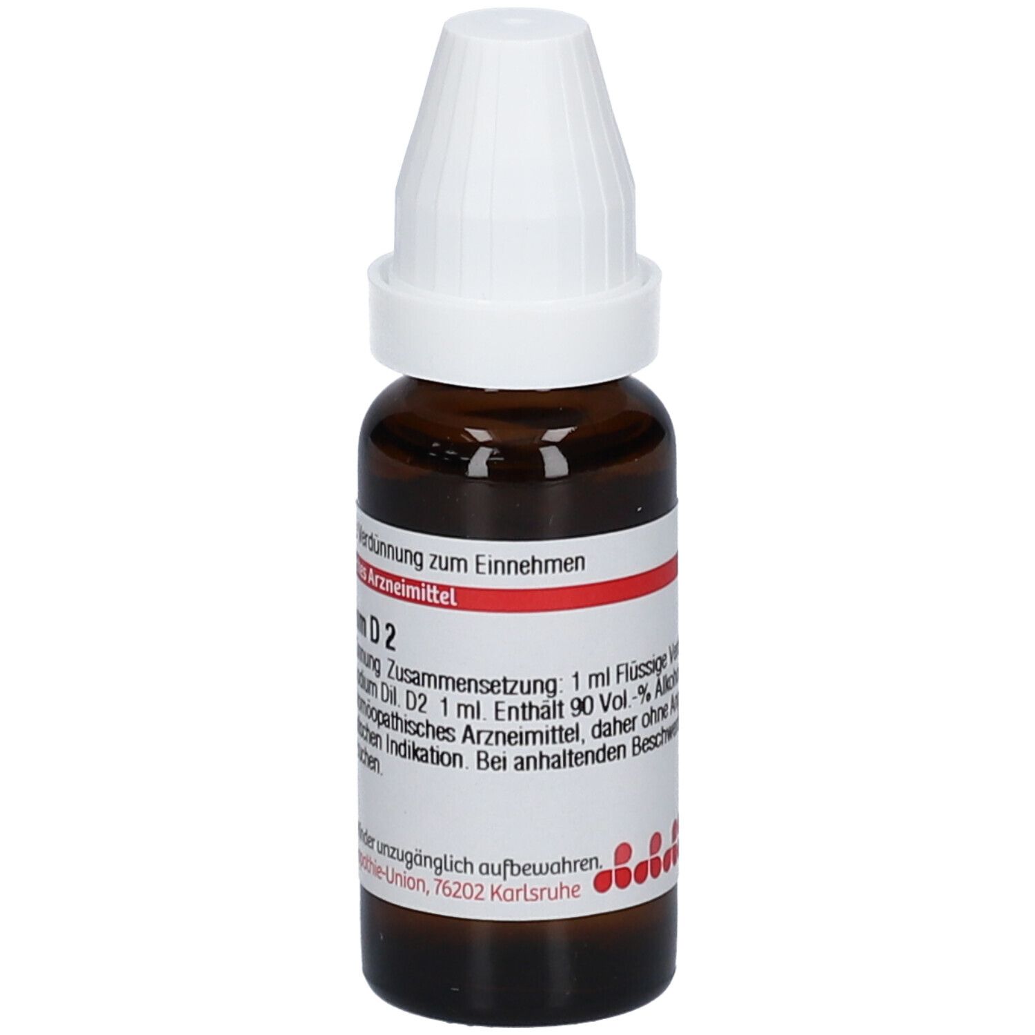 Braune Glasflasche mit weißem Verschluss. Etikett mit Text: DHU, Lycopodium D2, 1 ml Flüssige Verdünnung. Zum Einnehmen.