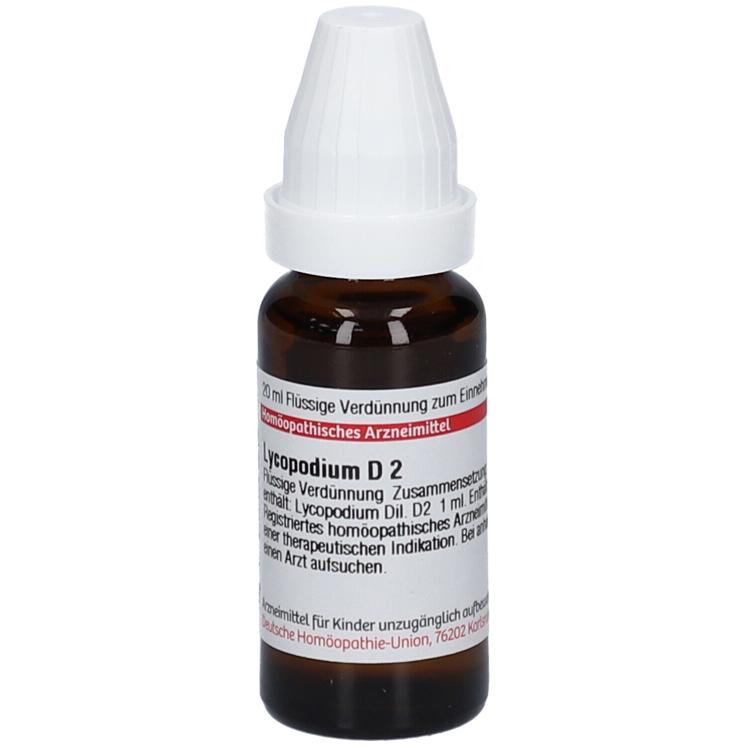 Braune Glasflasche mit weißem Verschluss. Etikett mit Text: Lycopodium D2, 20 ml Flüssige Verdünnung. DHU.