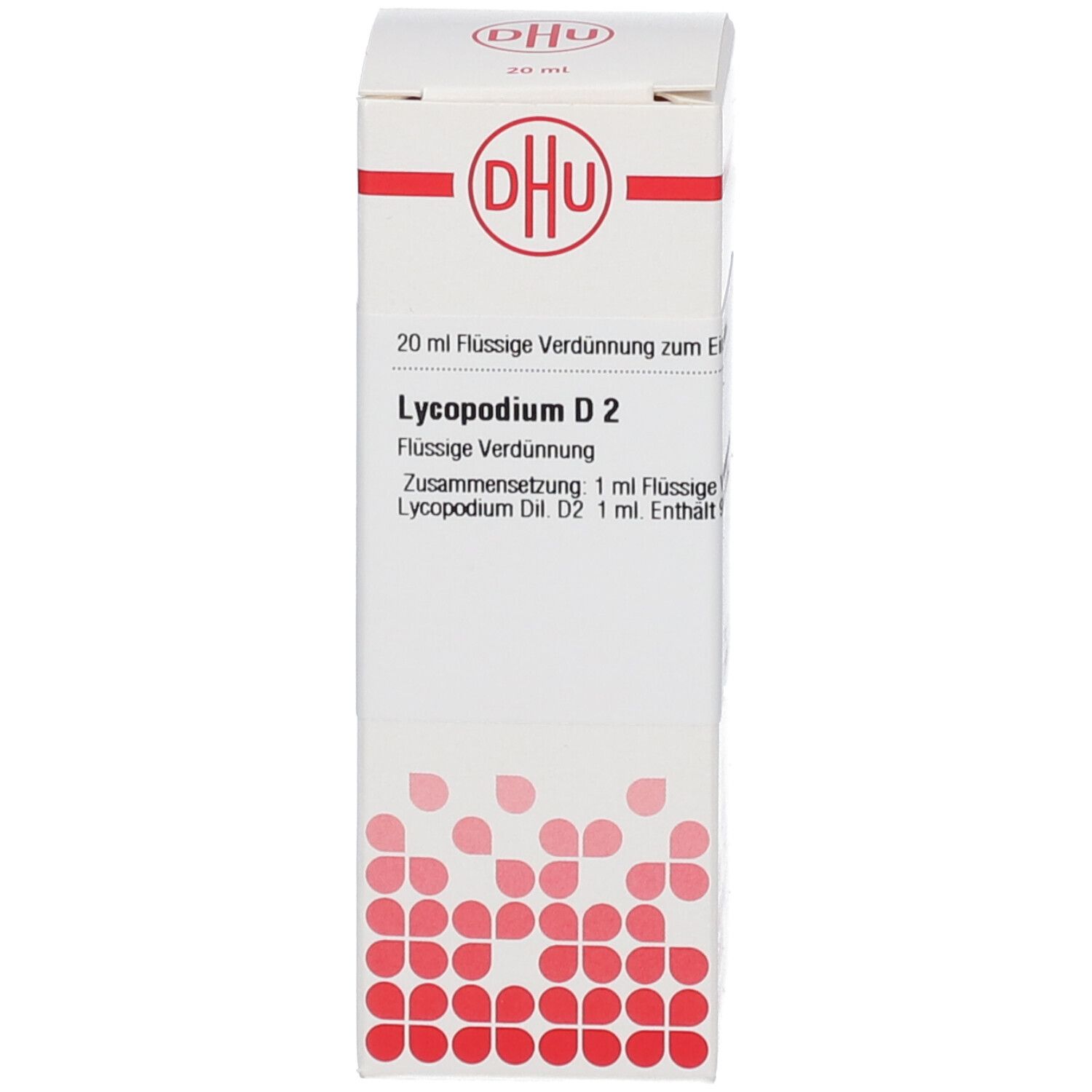 Produktverpackung: Weiße Schachtel mit DHU-Logo und Text: Lycopodium D2, 20 ml Flüssige Verdünnung.