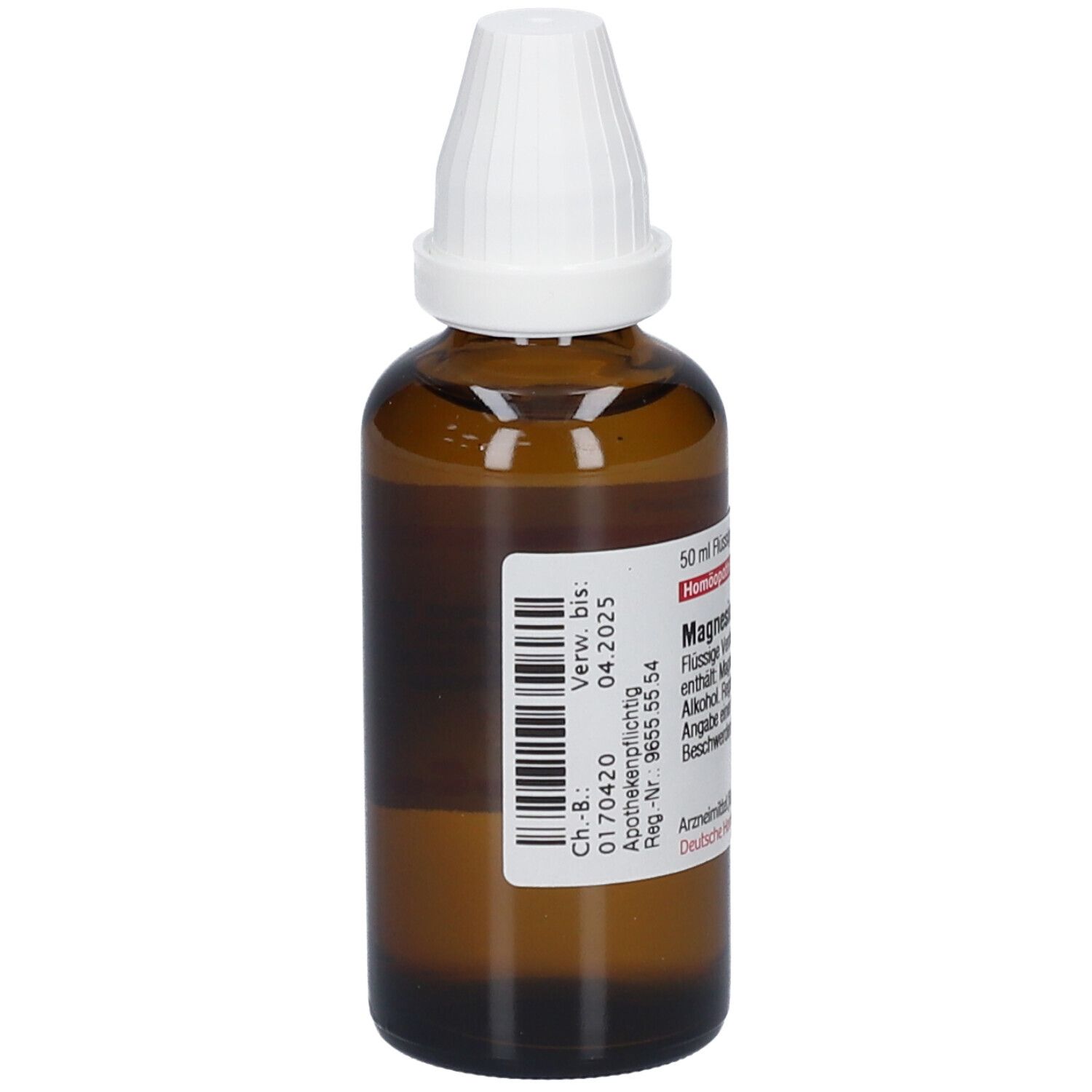 Braune Glasflasche mit weißem Verschluss. Etikett mit Text. Apothekenpflichtig. Verfallsdatum 04.2025.