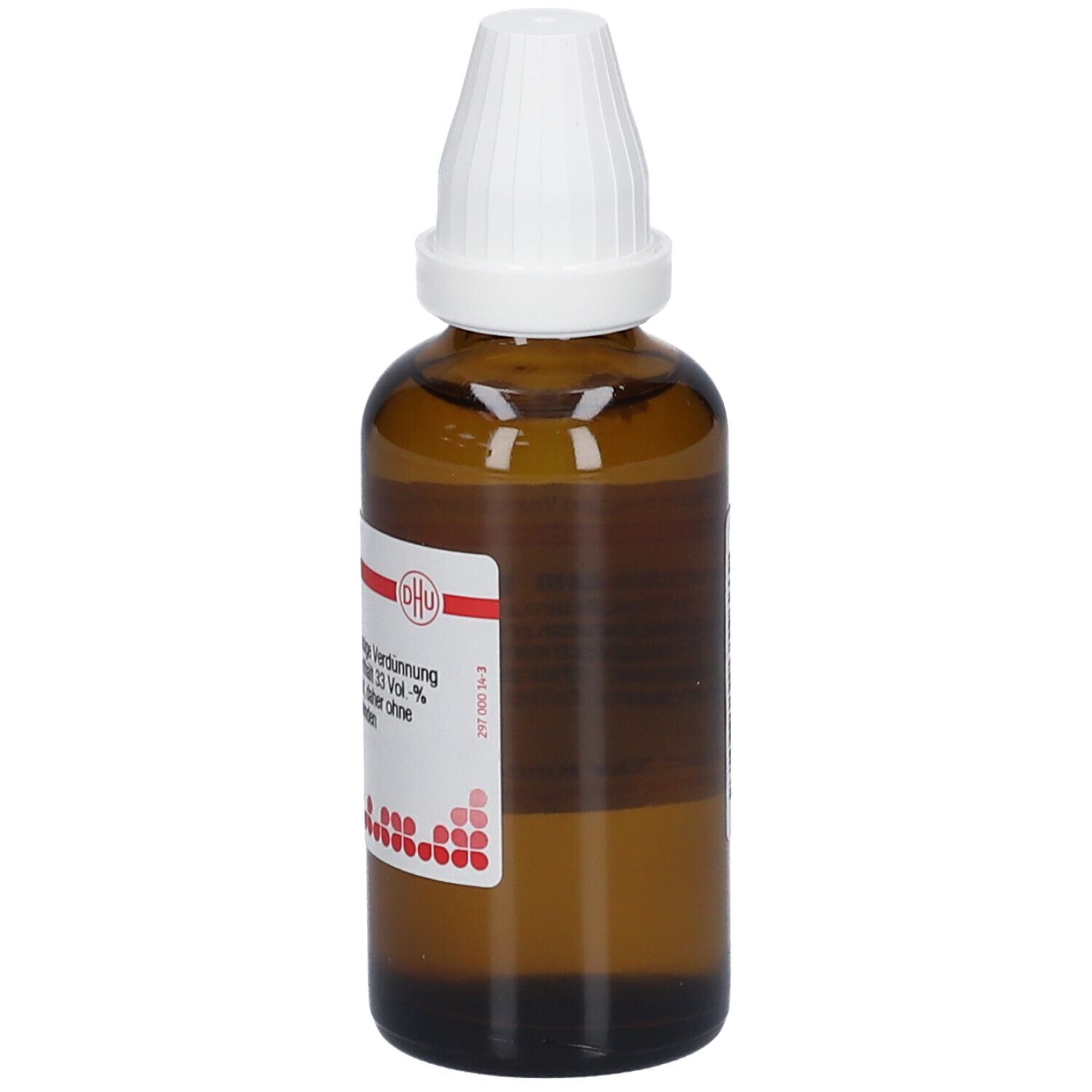 Braune Glasflasche mit weißem Verschluss. Etikett mit Text. DHU Logo. Homöopathische Verdünnung.