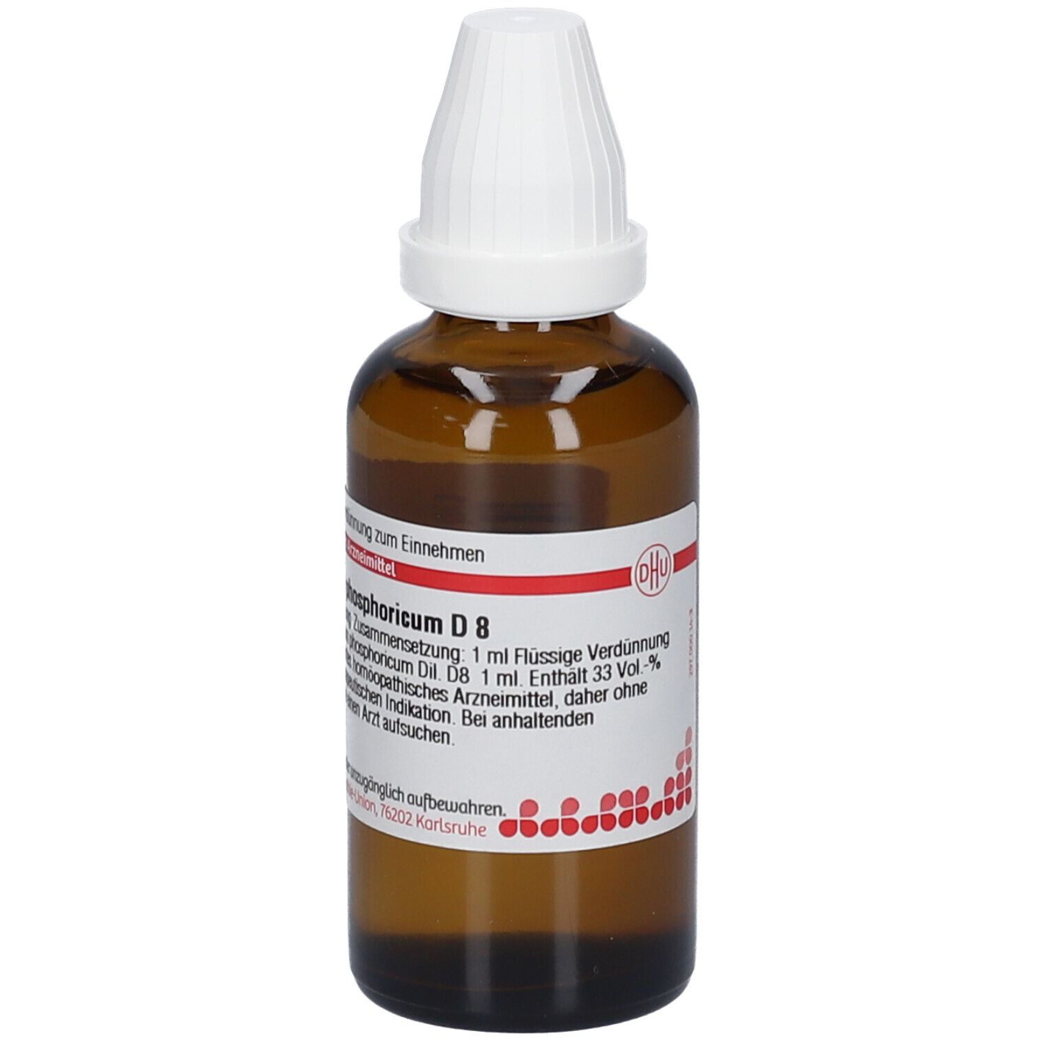 Braune Glasflasche mit weißem Verschluss. Etikett mit Text. DHU Logo. Magnesium phosphoricum D8.