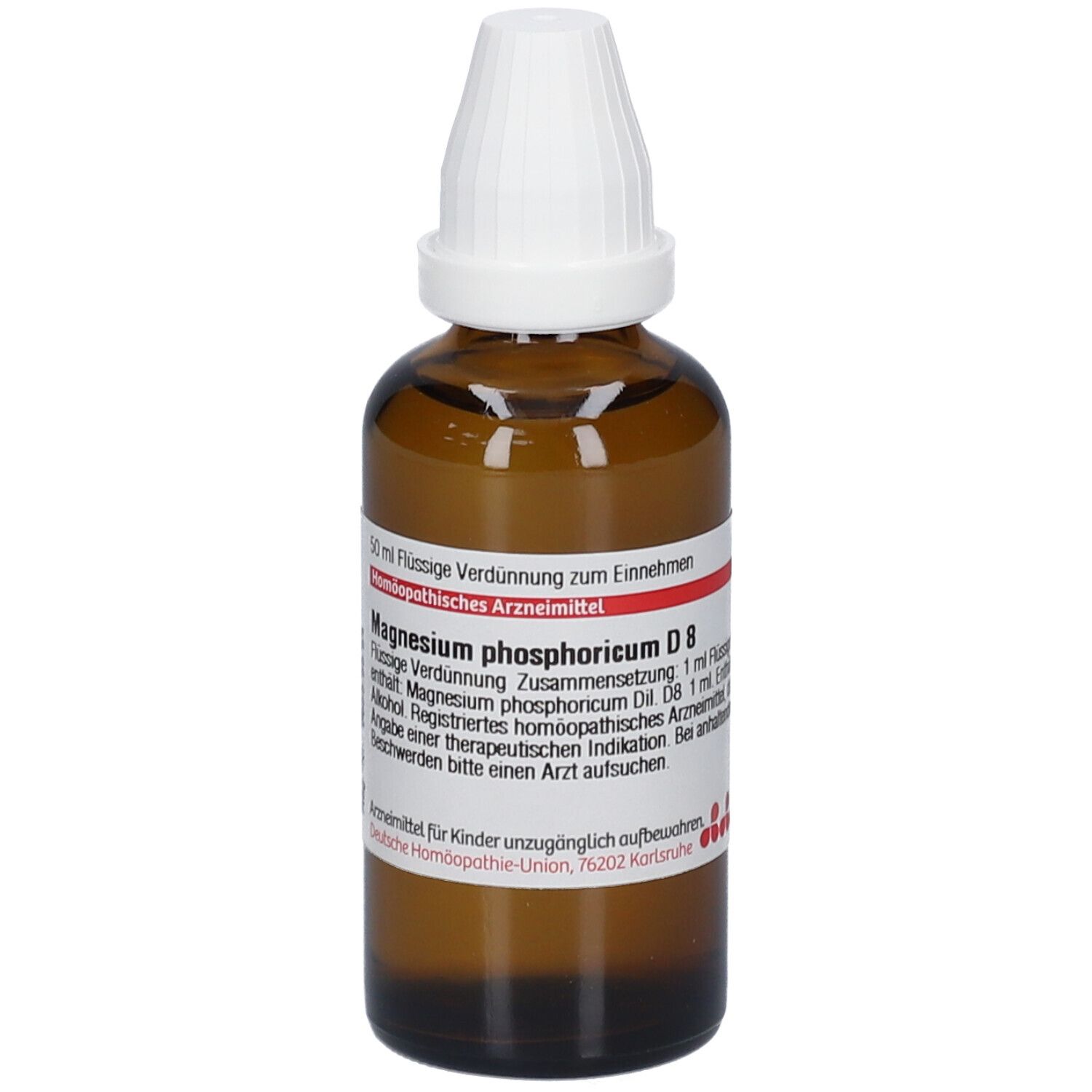 Braune Glasflasche mit weißem Verschluss. Etikett mit Text. Magnesium phosphoricum D8. Homöopathisches Arzneimittel.