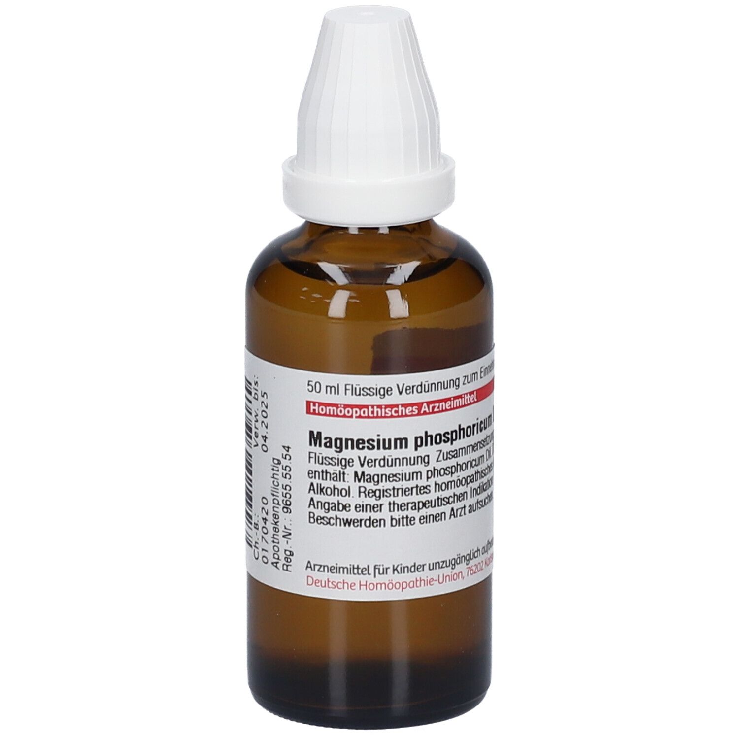 Braune Glasflasche mit weißem Verschluss. Etikett mit Text. Magnesium phosphoricum D8. 50 ml Flüssige Verdünnung.