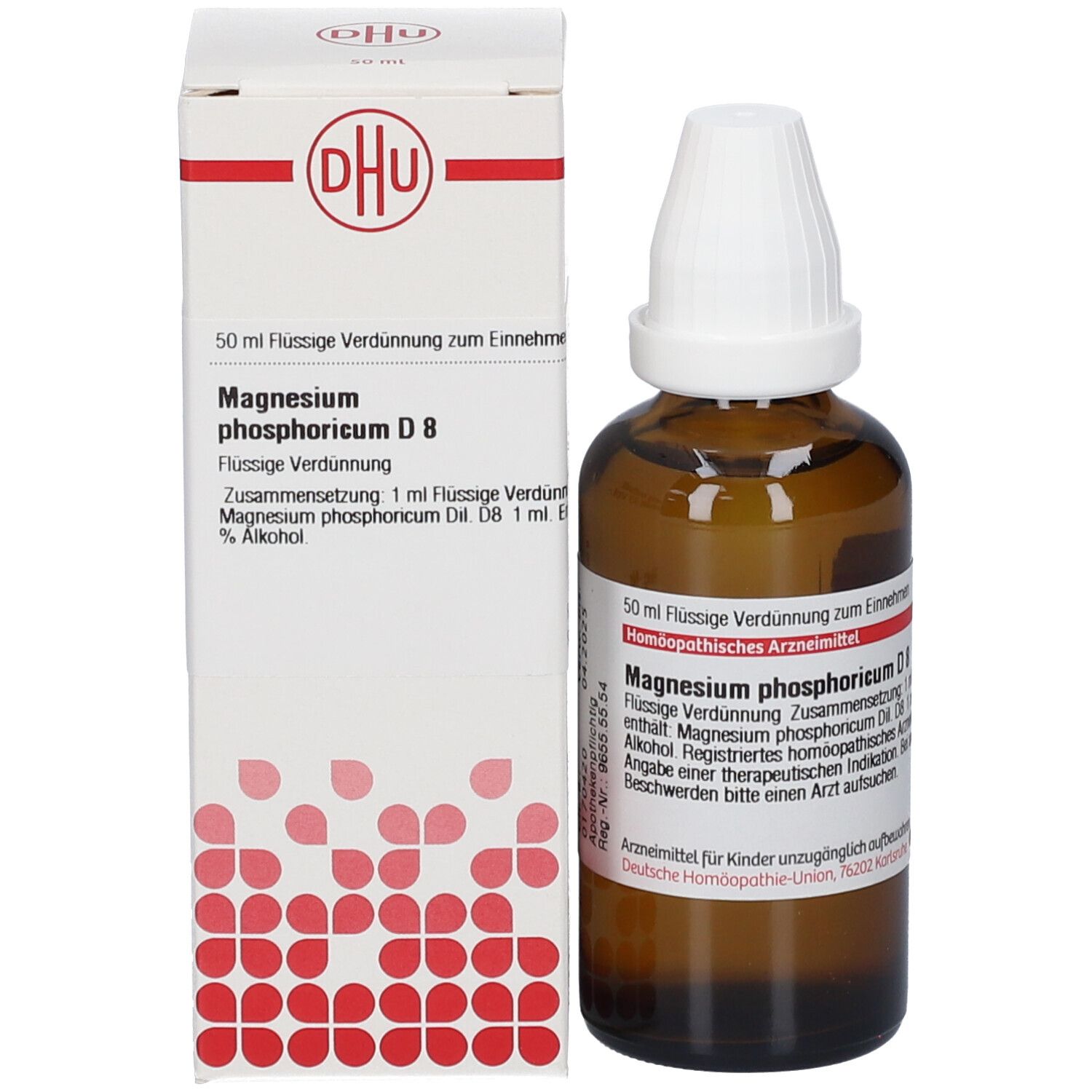 Produktverpackung und Flasche. Weiße Schachtel mit DHU Logo. Flasche mit weißem Verschluss. Magnesium phosphoricum D8.