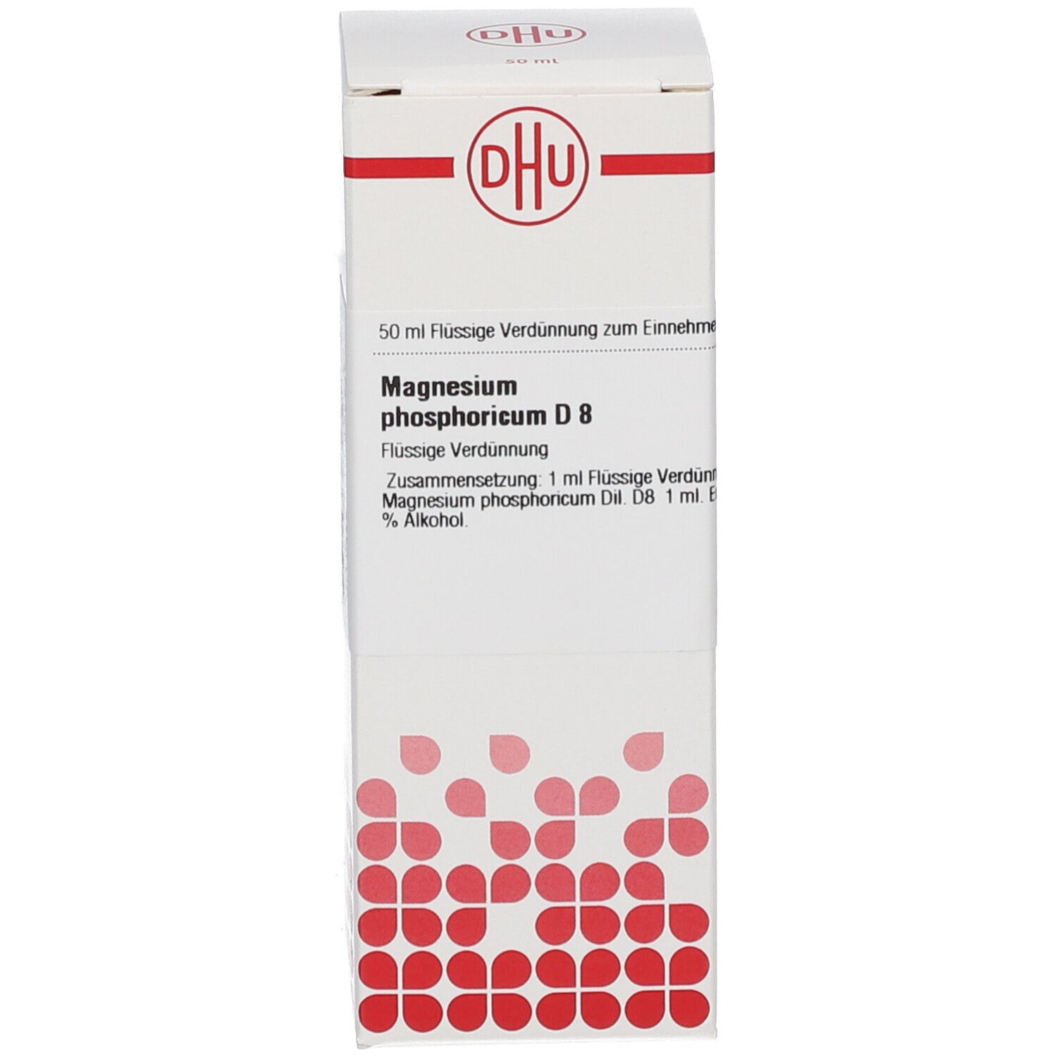 Weiße Produktverpackung. DHU Logo. Magnesium phosphoricum D8. Text auf der Verpackung.