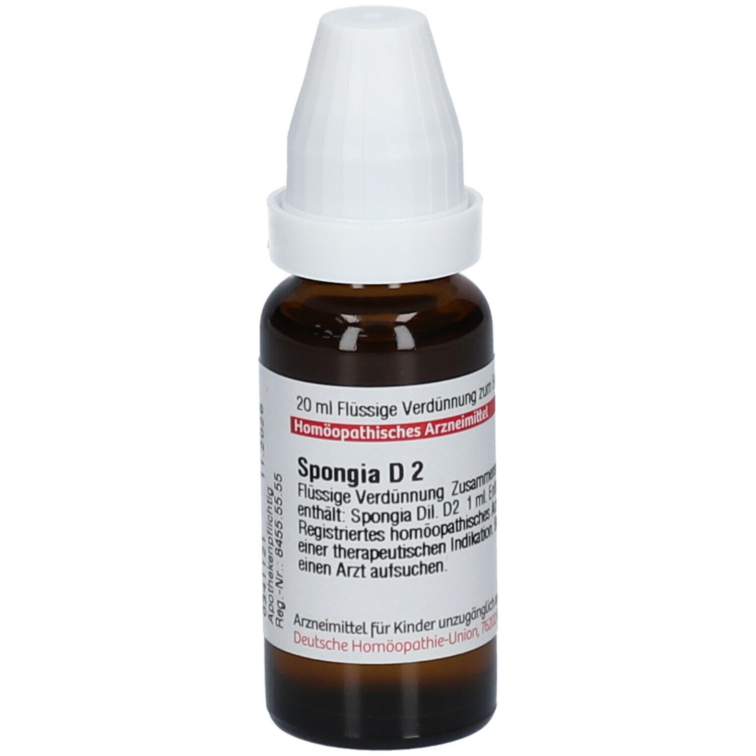 Braune Glasflasche mit weißem Verschluss. Etikett mit Produktinformationen: Spongia D2, 20 ml. Homöopathisches Arzneimittel.