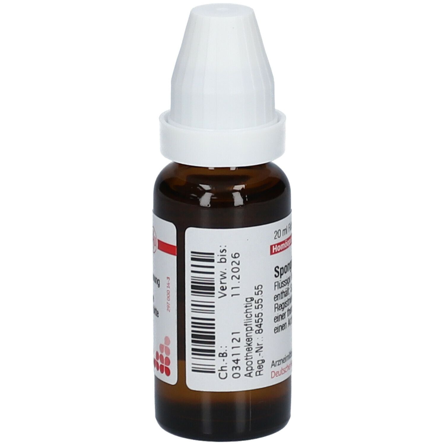 Braune Glasflasche mit weißem Verschluss. Etikett mit Chargennummer, Verfallsdatum und Apothekenpflichtig. Spongia D2.