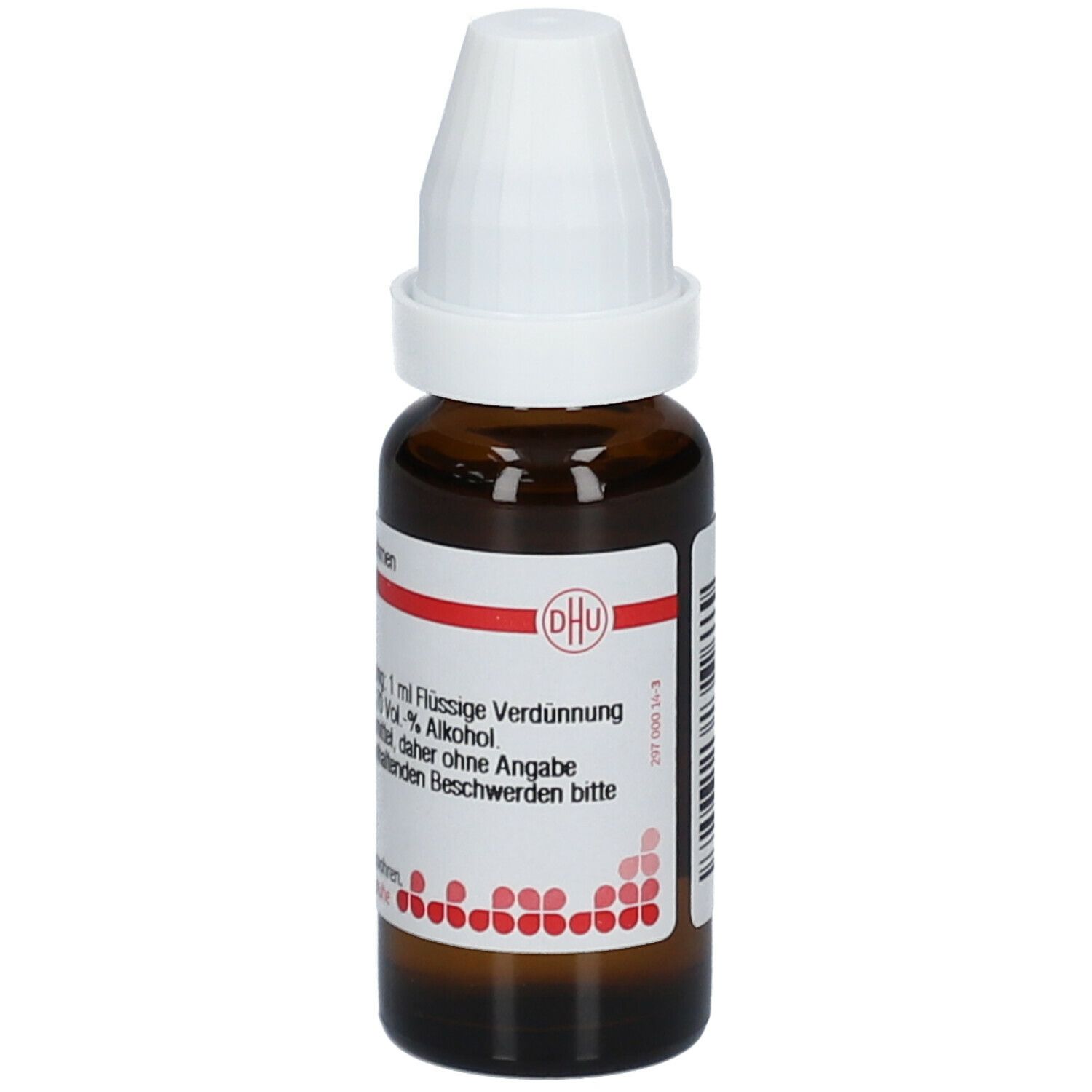 Braune Glasflasche mit weißem Verschluss. Etikett mit Produktinformationen: Spongia D2, 1 ml flüssige Verdünnung. DHU Logo.