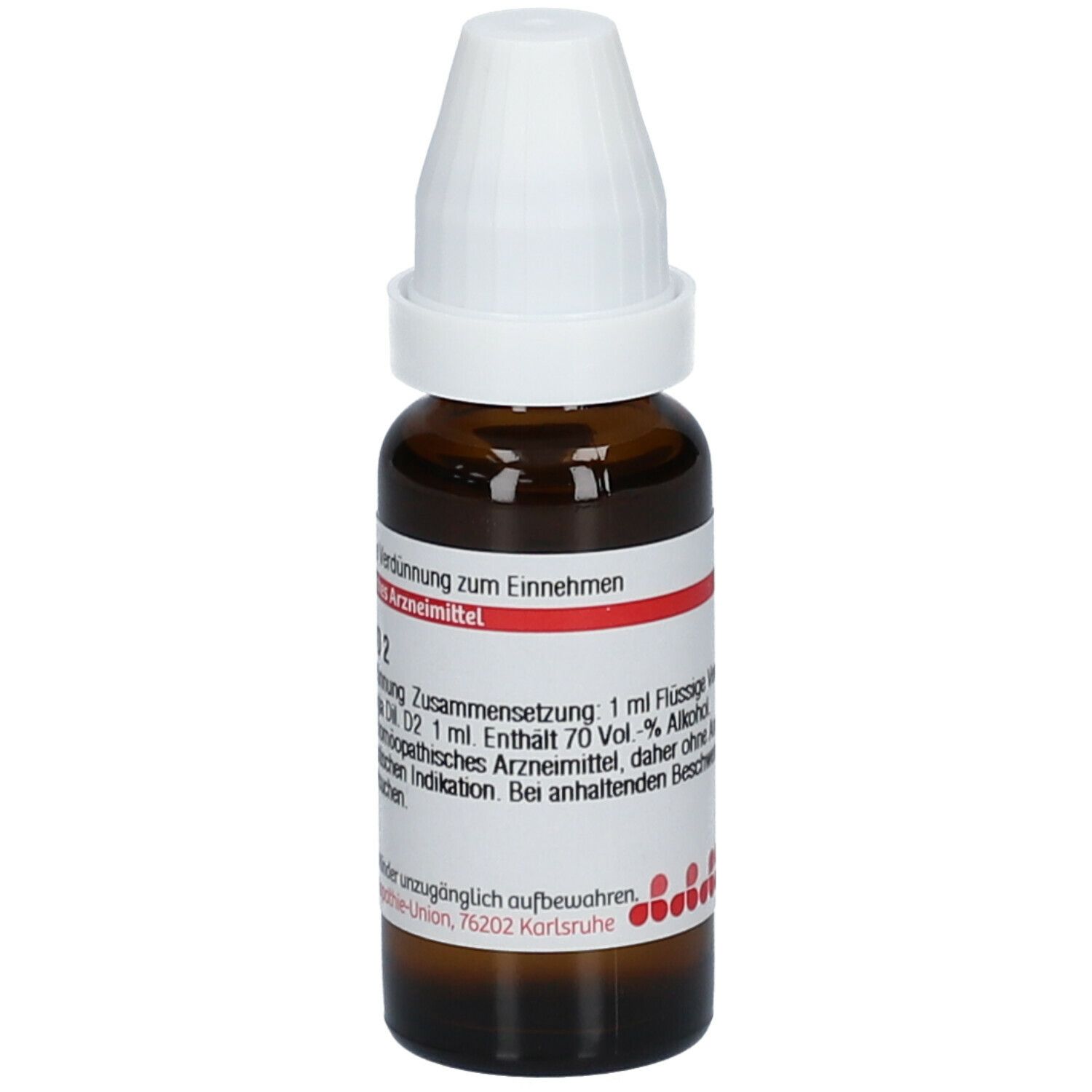 Braune Glasflasche mit weißem Verschluss. Etikett mit Produktinformationen: Spongia D2, 1 ml flüssige Verdünnung. Für Einnahme.
