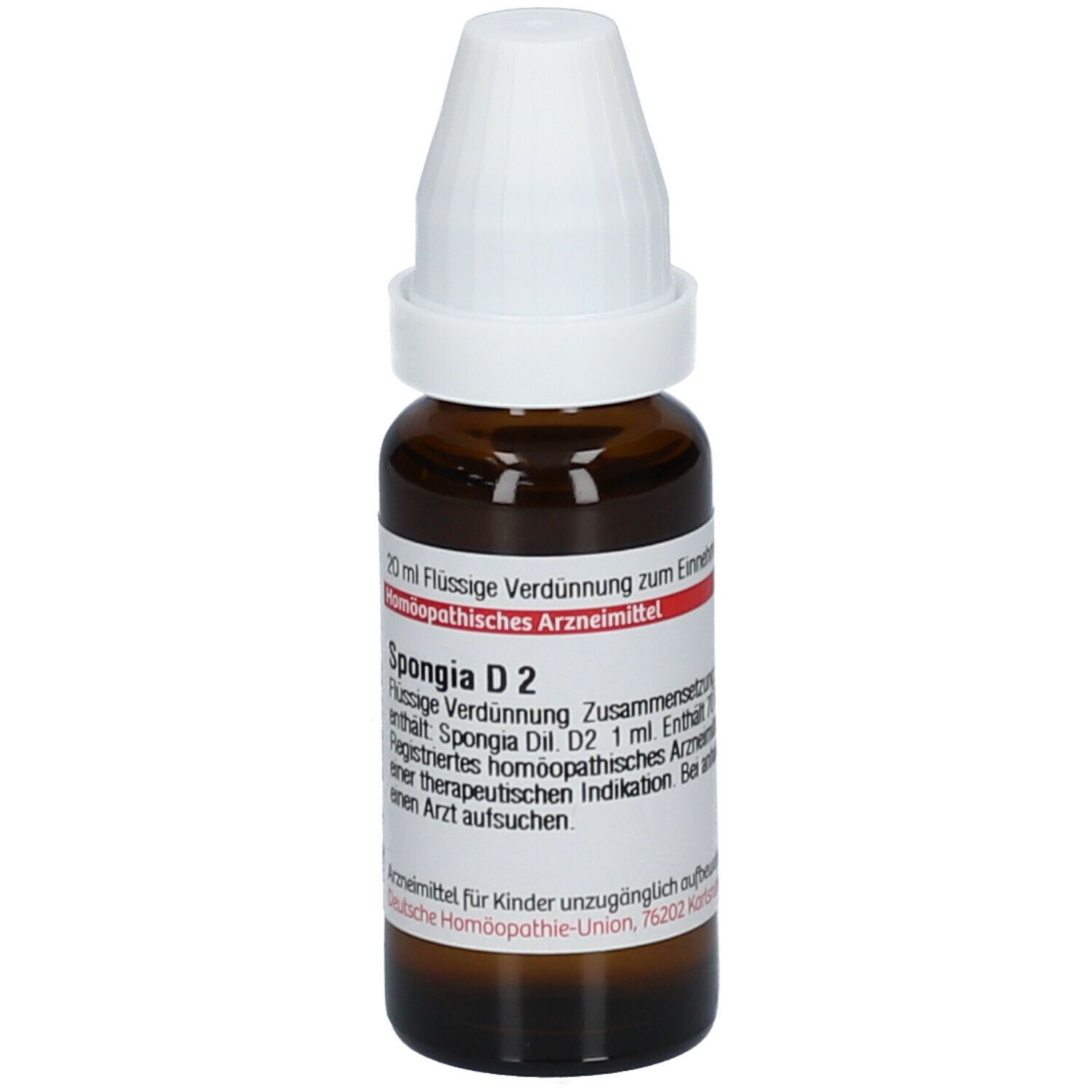 Braune Glasflasche mit weißem Verschluss. Etikett mit Produktinformationen: Spongia D2, 20 ml flüssige Verdünnung. Homöopathisches Arzneimittel.