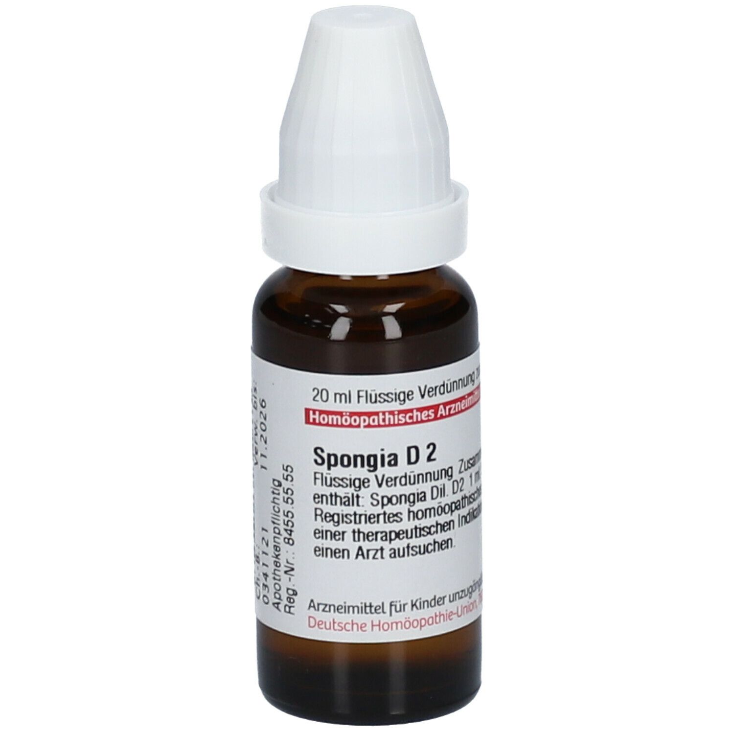 Braune Glasflasche mit weißem Verschluss. Etikett mit Produktinformationen: Spongia D2, 20 ml. Chargennummer und Verfallsdatum.