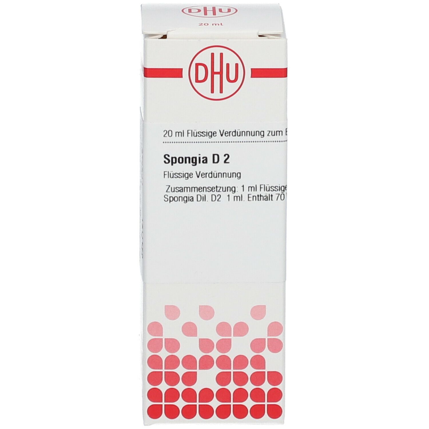 Weiße Umverpackung mit DHU Logo. Produktinformationen: Spongia D2, 20 ml. Homöopathisches Arzneimittel. Flasche nicht sichtbar.