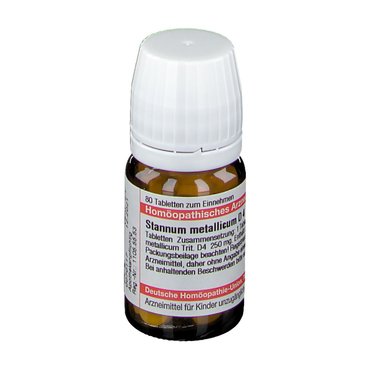 Braune Glasflasche mit weißen Deckel. Etikett mit Text: Stannum metallicum D4, 80 Tabletten. Deutsche Homöopathie-Union.