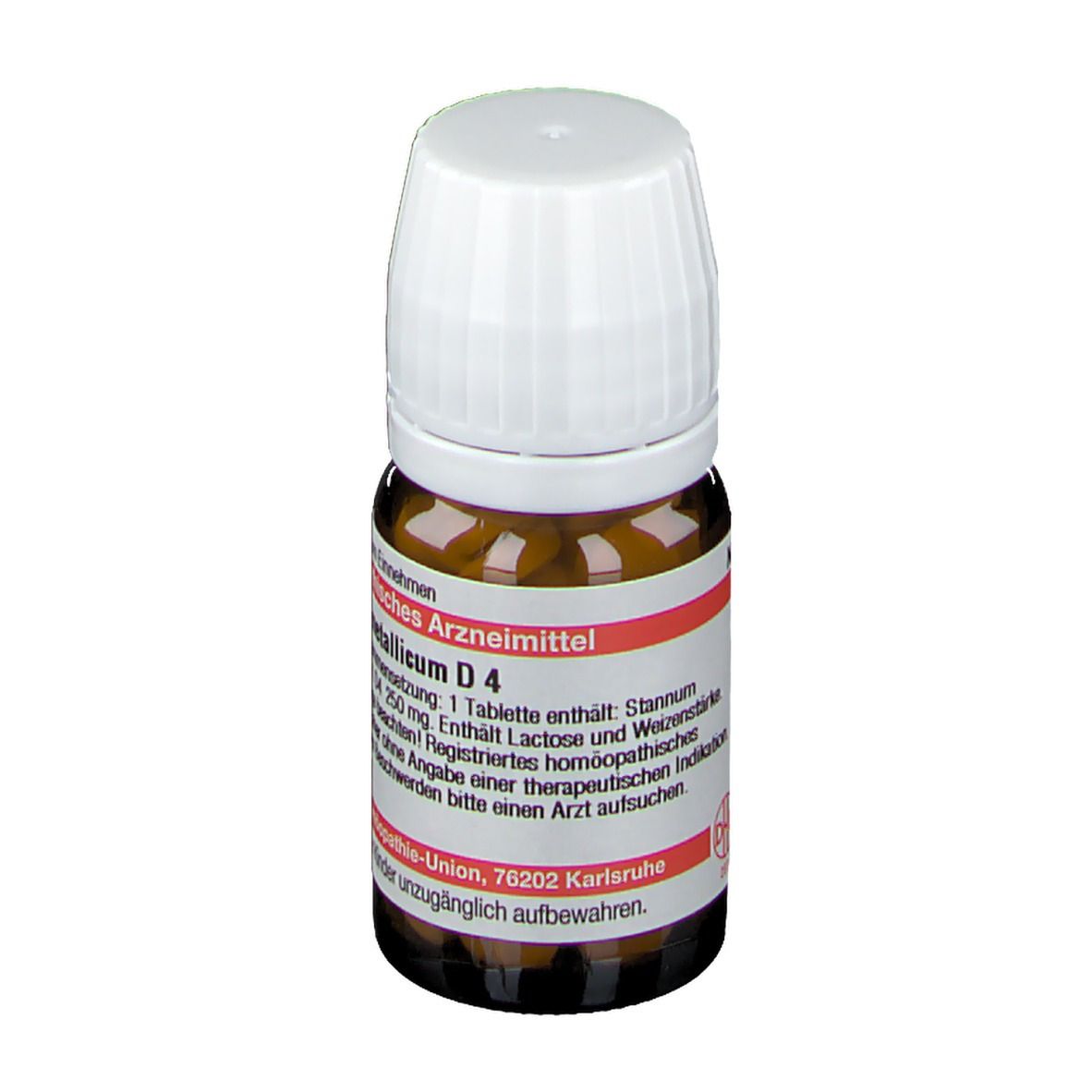 Braune Glasflasche mit weißen Deckel. Etikett mit Text: Stannum metallicum D4, 80 Tabletten. Deutsche Homöopathie-Union.