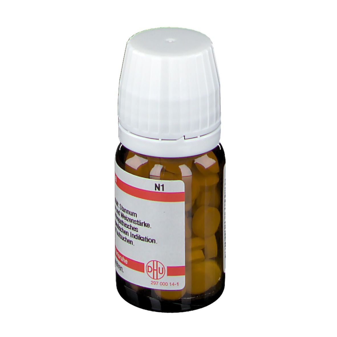 Braune Glasflasche mit weißen Deckel. Etikett mit Text: Stannum metallicum D4, N1. Deutsche Homöopathie-Union.