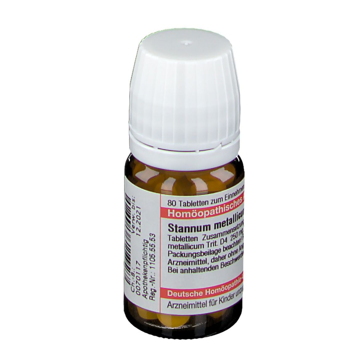 Braune Glasflasche mit weißen Deckel. Etikett mit Text: Stannum metallicum D4, 80 Tabletten. Deutsche Homöopathie-Union.