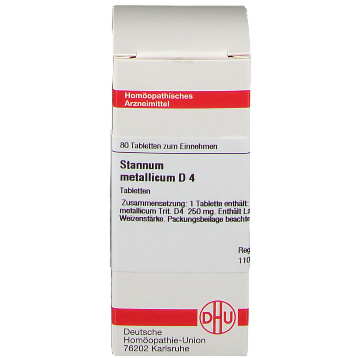 Weiße Schachtel mit Text: Stannum metallicum D4, 80 Tabletten. Deutsche Homöopathie-Union.
