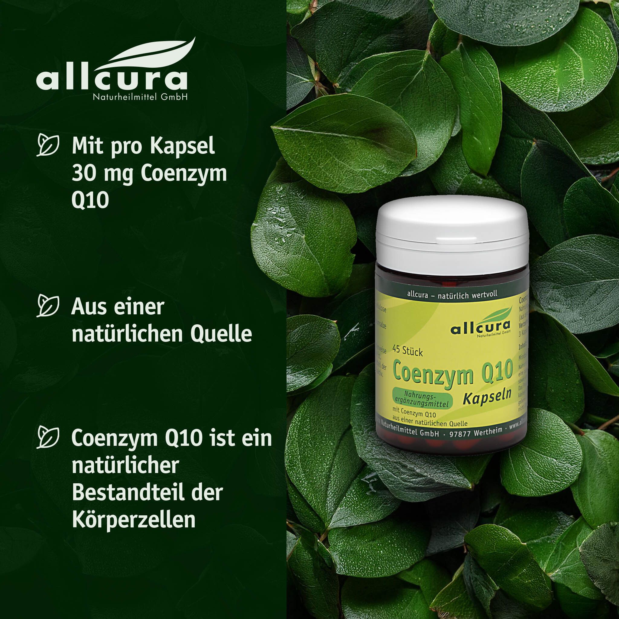 Weiße Dose mit grünem Etikett, umgeben von grünen Blättern. Aufschrift: allcura Coenzym Q10 Kapseln, 45 Stück.