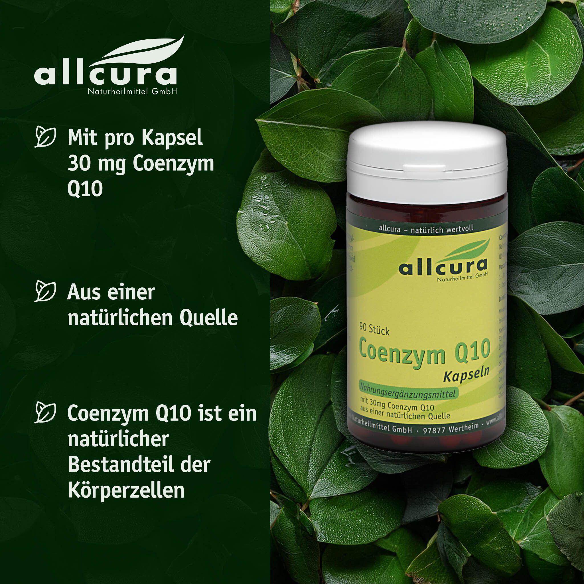 Grüne Blätter umgeben eine Dose. Text: allcura, 30 mg Coenzym Q10 pro Kapsel, aus natürlicher Quelle.