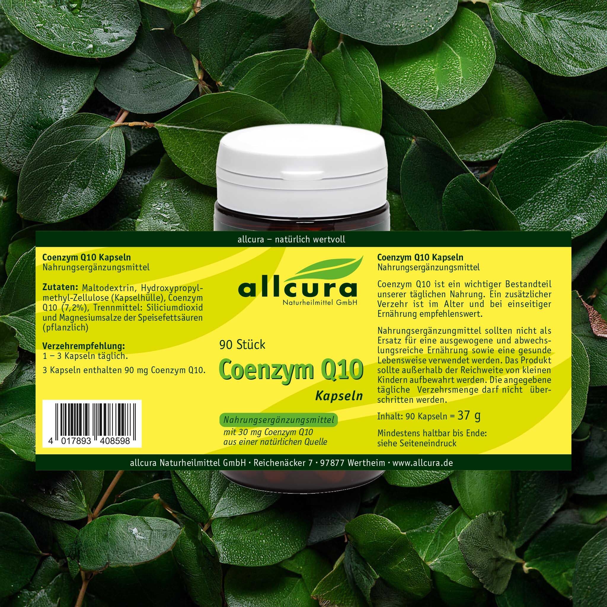 Dose mit Etikett vor Blättern. Text: allcura, Coenzym Q10 Kapseln, 90 Stück, Zutaten, Verzehrempfehlung.