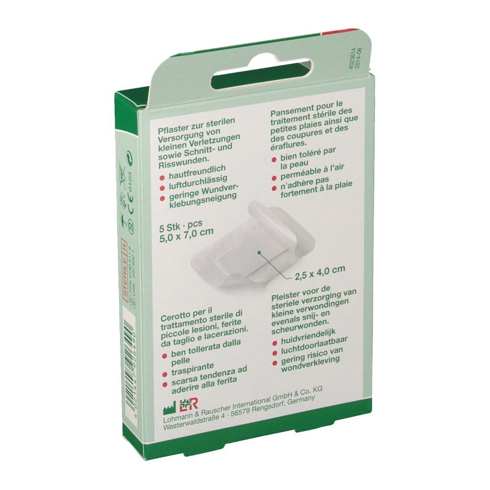 Rückseite der Ratioline® acute Verpackung. Produktinformationen in Deutsch, Französisch, Italienisch und Niederländisch. Pflaster-Abbildung.