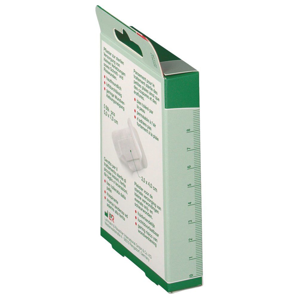 Seitenansicht der Ratioline® acute Verpackung. Produktinformationen und Abbildung eines Pflasters. Grün-weiße Farbgebung.