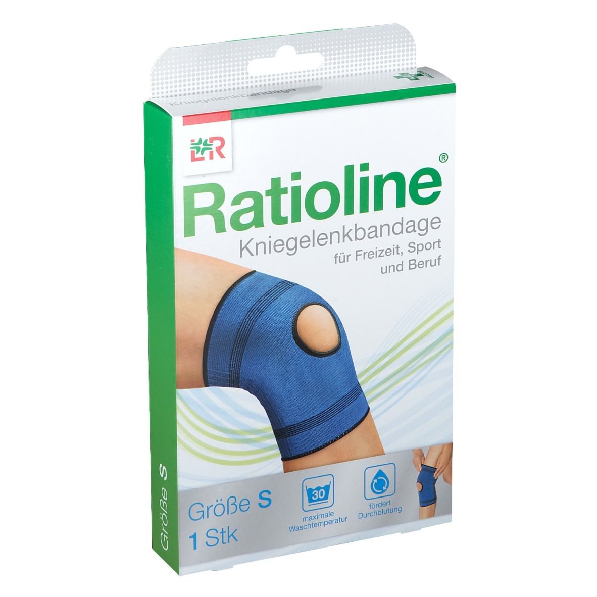 Ratioline Kniegelenkbandage in Verpackung. Größe S. Blaue Bandage mit Knieloch. 1 Stück.