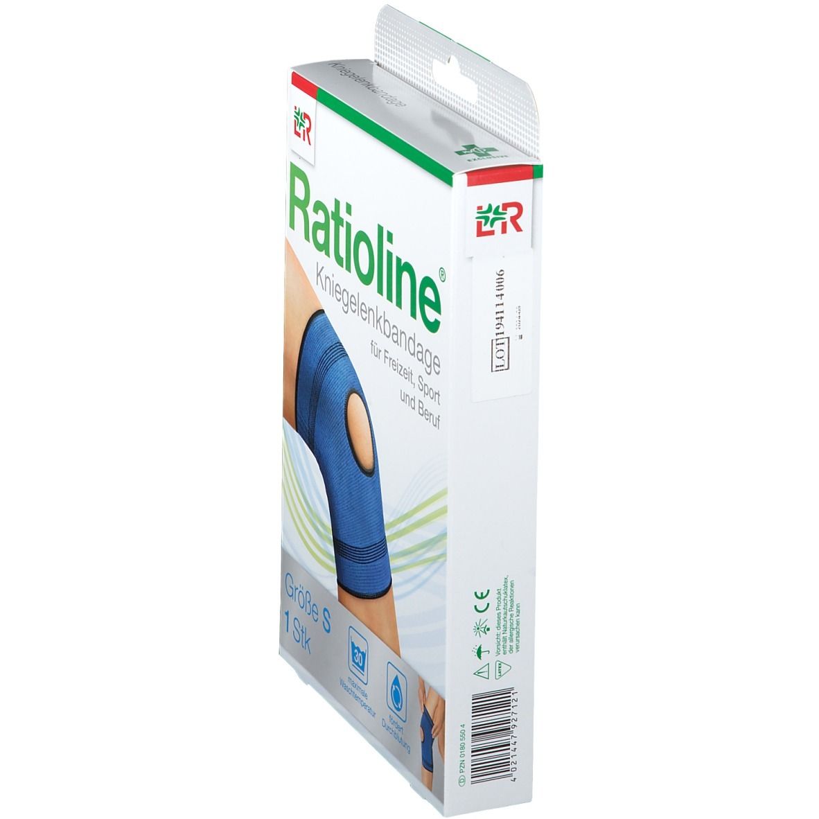 Ratioline Kniegelenkbandage, Größe S, in Verpackung. Seitenansicht. Blaue Bandage mit Knieloch.