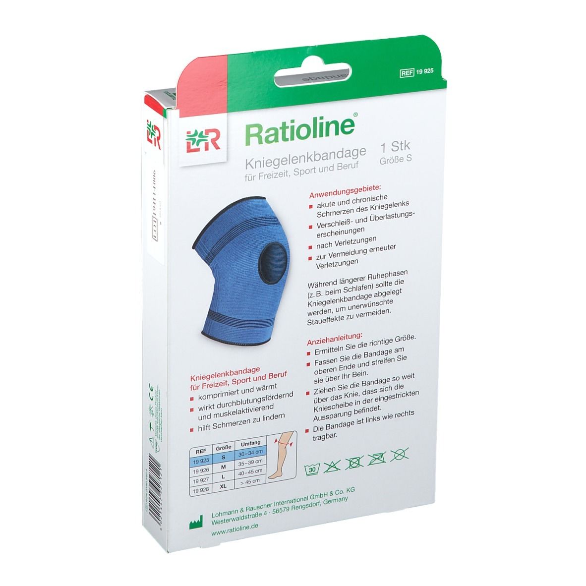 Rückseite der Verpackung der Ratioline Kniegelenkbandage. Größe S. Produktinformationen und Anweisungen.