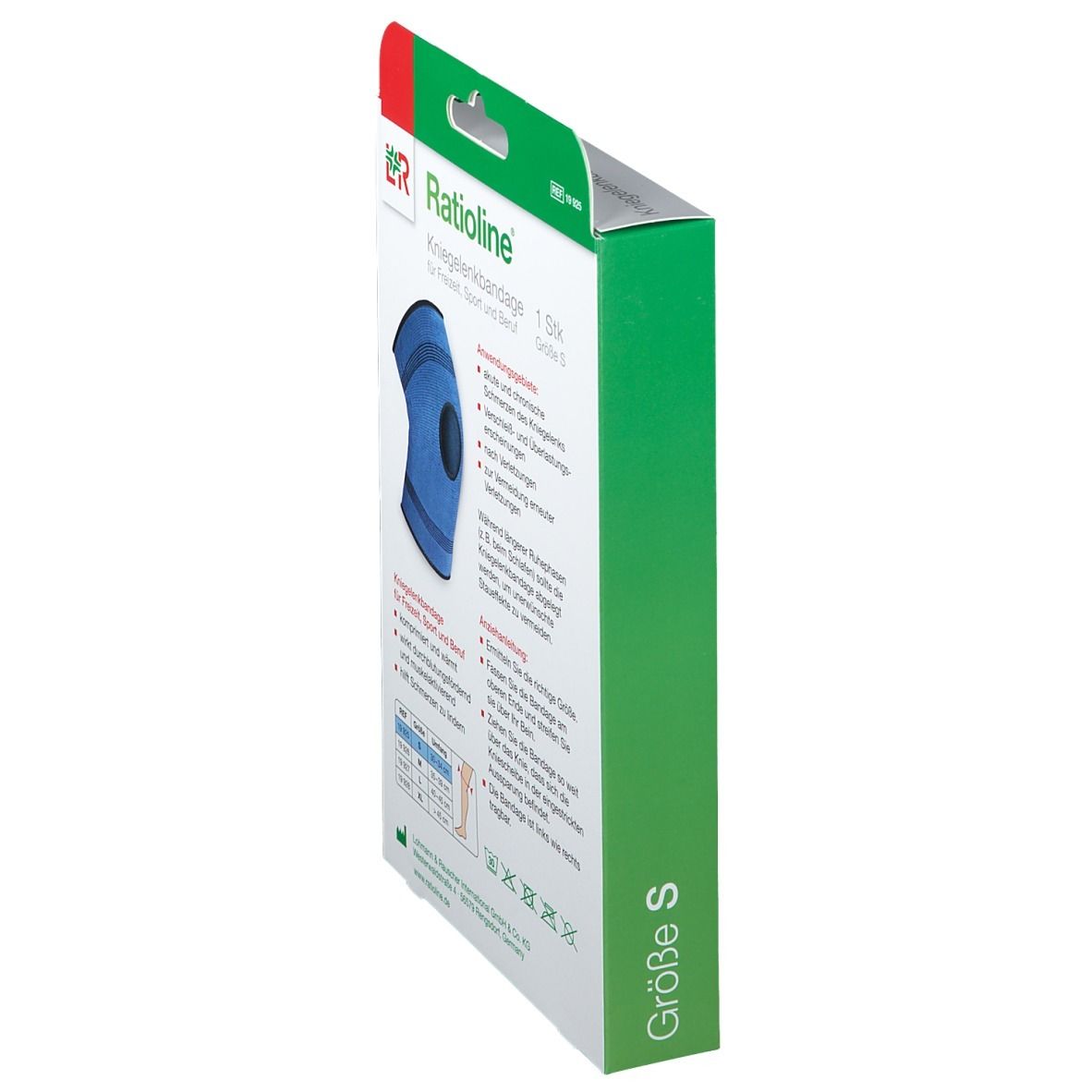 Seitenansicht der Verpackung der Ratioline Kniegelenkbandage. Größe S. Grüne Akzente.