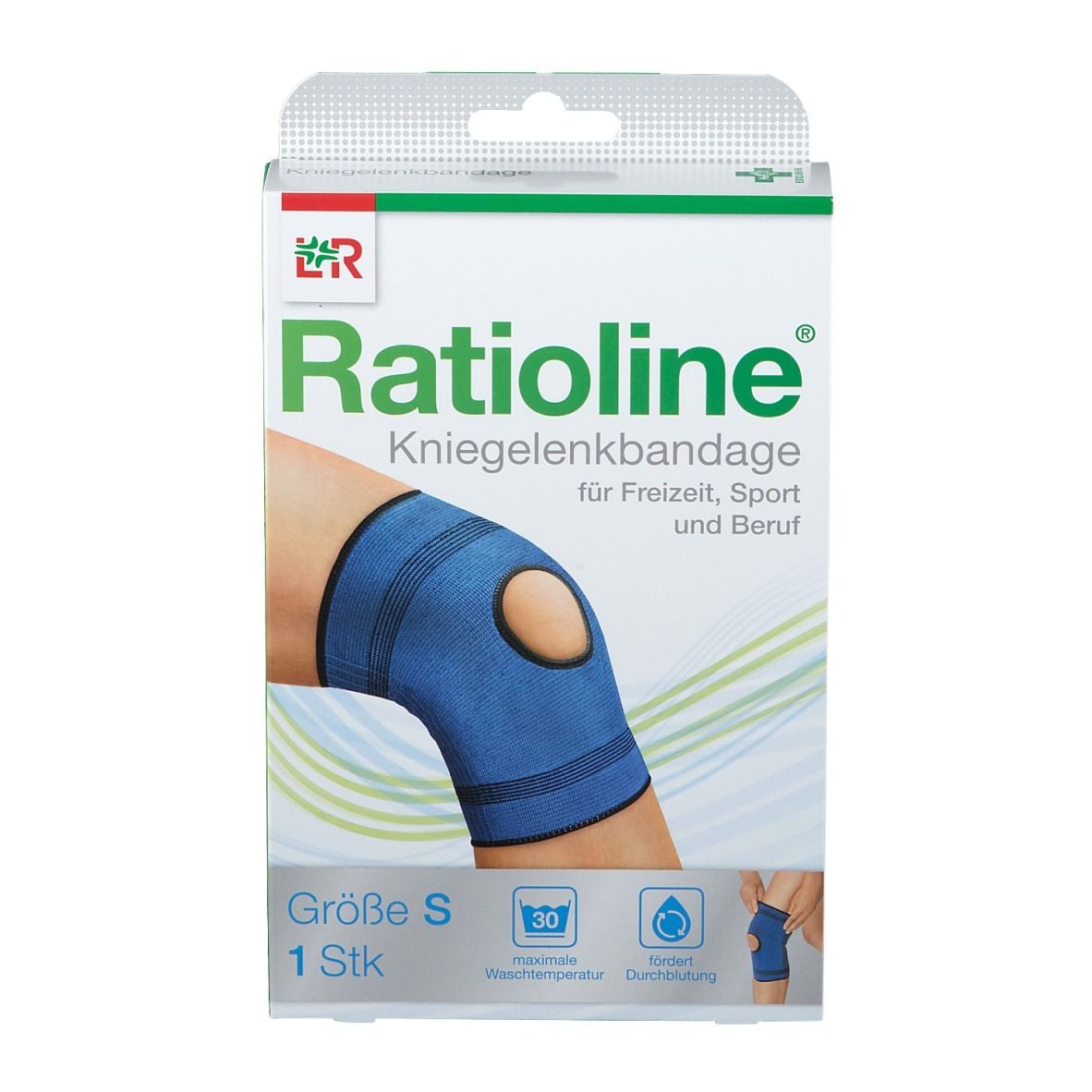 Ratioline Kniegelenkbandage in Verpackung. Größe S. Blaue Bandage am Bein. 1 Stück.
