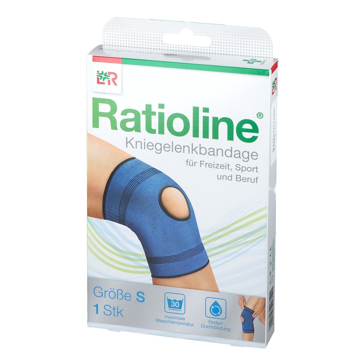 Ratioline Kniegelenkbandage in Verpackung. Größe S. Blaue Bandage am Bein. 1 Stück.