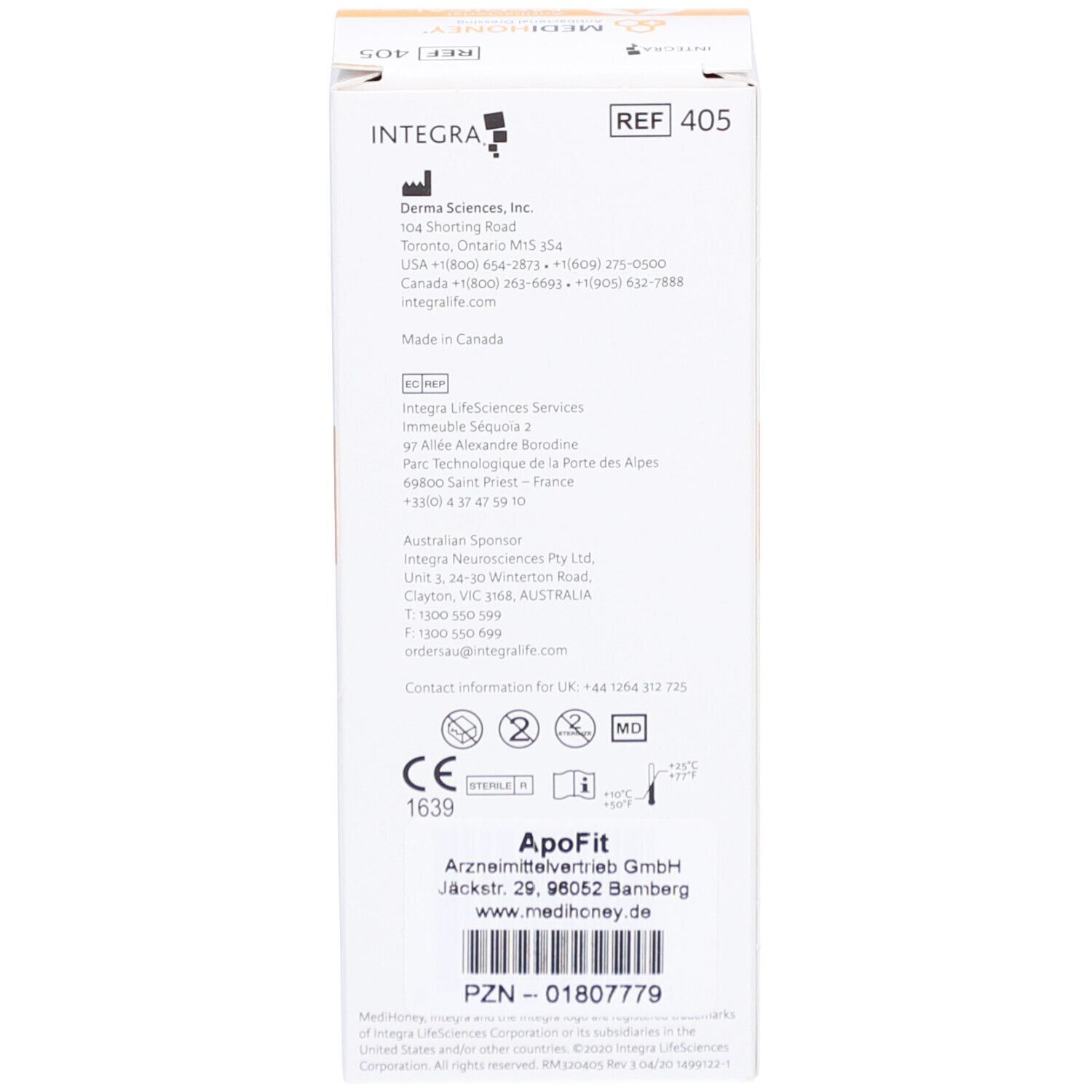 Rückseite der MEDIHONEY® Verpackung. Text: Hersteller, Kontaktinformationen. CE-Kennzeichnung, Steril-Symbol.