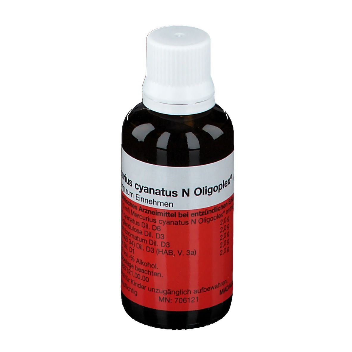 Braune Glasflasche mit weißem Deckel und rotem Etikett. Beschriftung: Mercurius cyanatus N Oligoplex.
