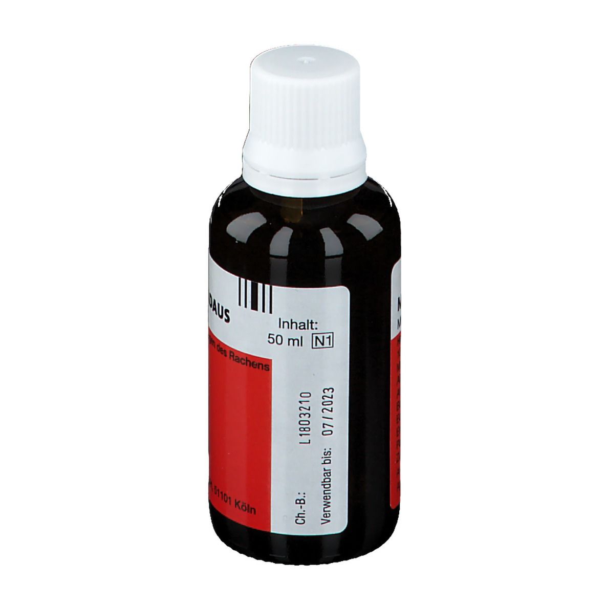 Braune Glasflasche mit weißem Deckel und rotem Etikett. Beschriftung: 50 ml, N1, Verwendbar bis 07/2023.