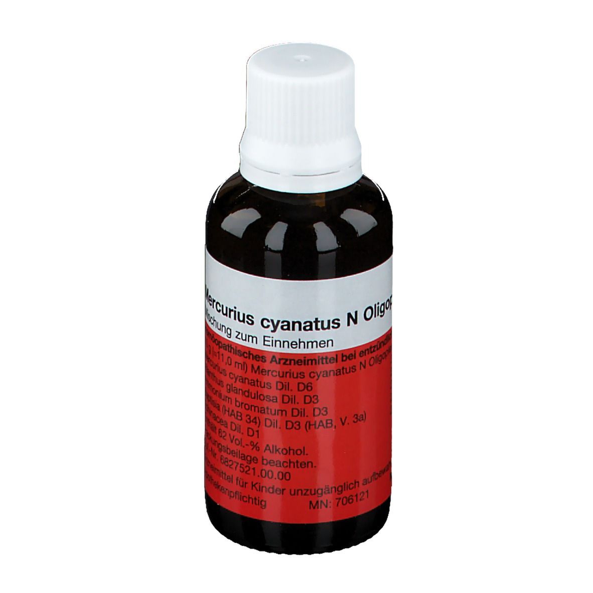 Braune Glasflasche mit weißem Deckel und rotem Etikett. Beschriftung: Mercurius cyanatus N, Mischung zum Einnehmen.