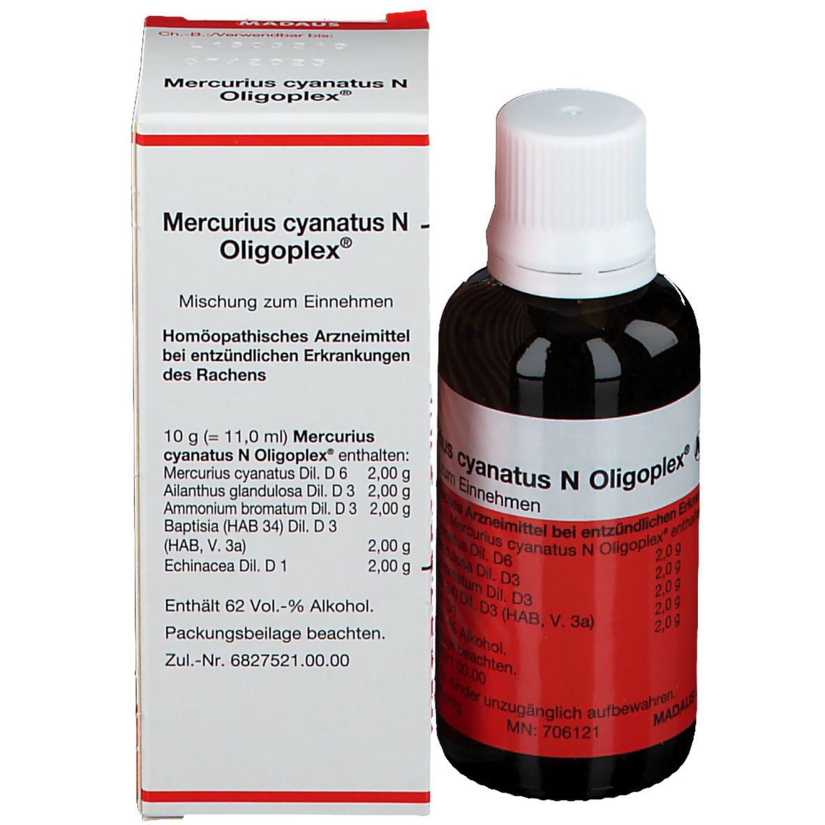 Produktverpackung mit Flasche. Beschriftung: Mercurius cyanatus N Oligoplex, Mischung zum Einnehmen.