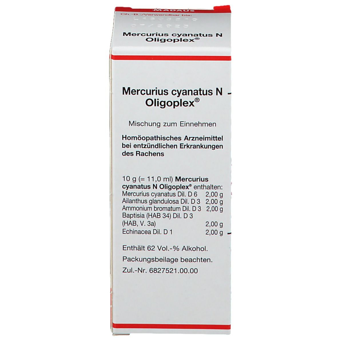 Produktverpackung. Beschriftung: Mercurius cyanatus N Oligoplex, Mischung zum Einnehmen.
