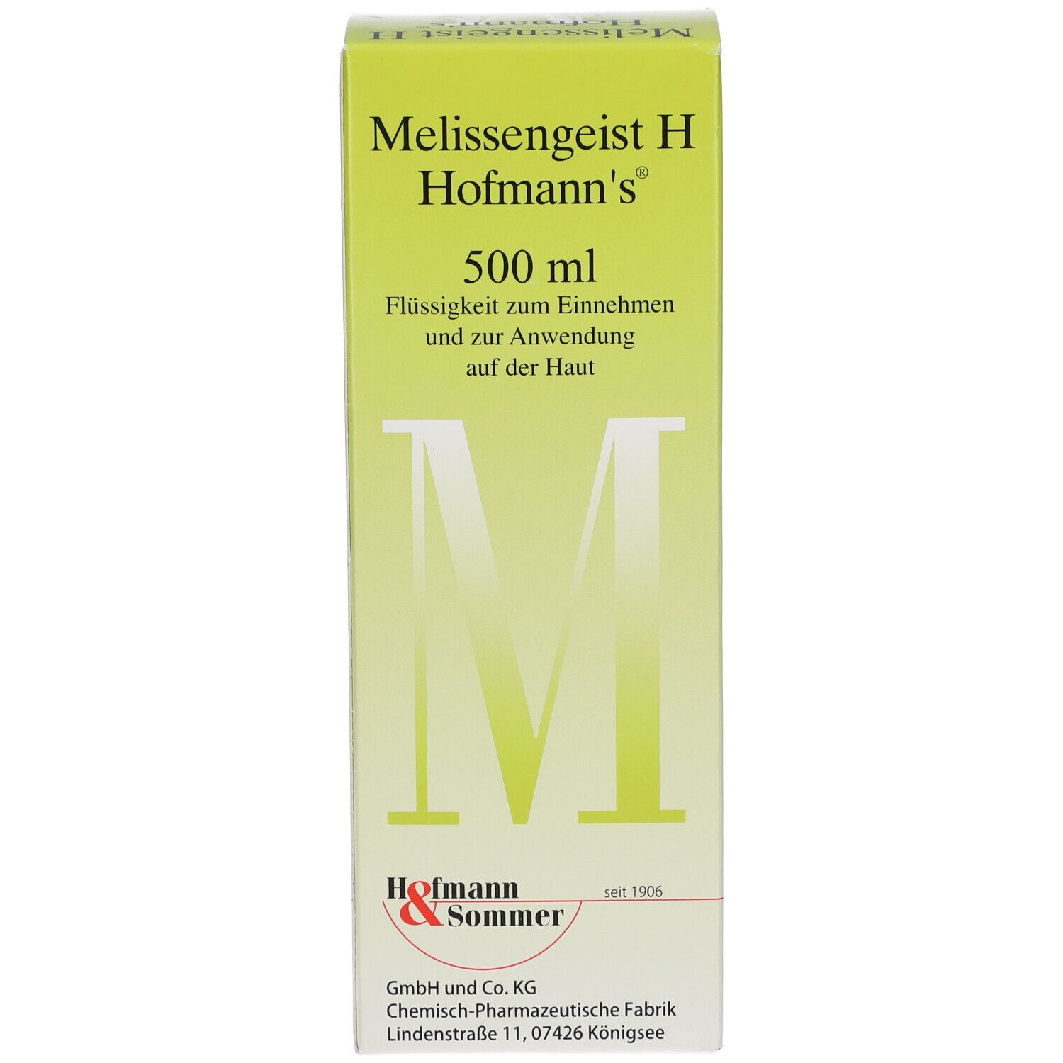 Produktverpackung. Grüne Schachtel mit Produktnamen, Logo und Text.