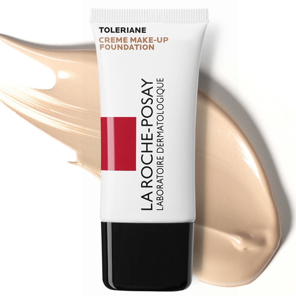 Toleriane Creme Make-up Foundation-Tube mit Produktstrich. Weißes Tube mit schwarzem Deckel. Roter Streifen und Logo.