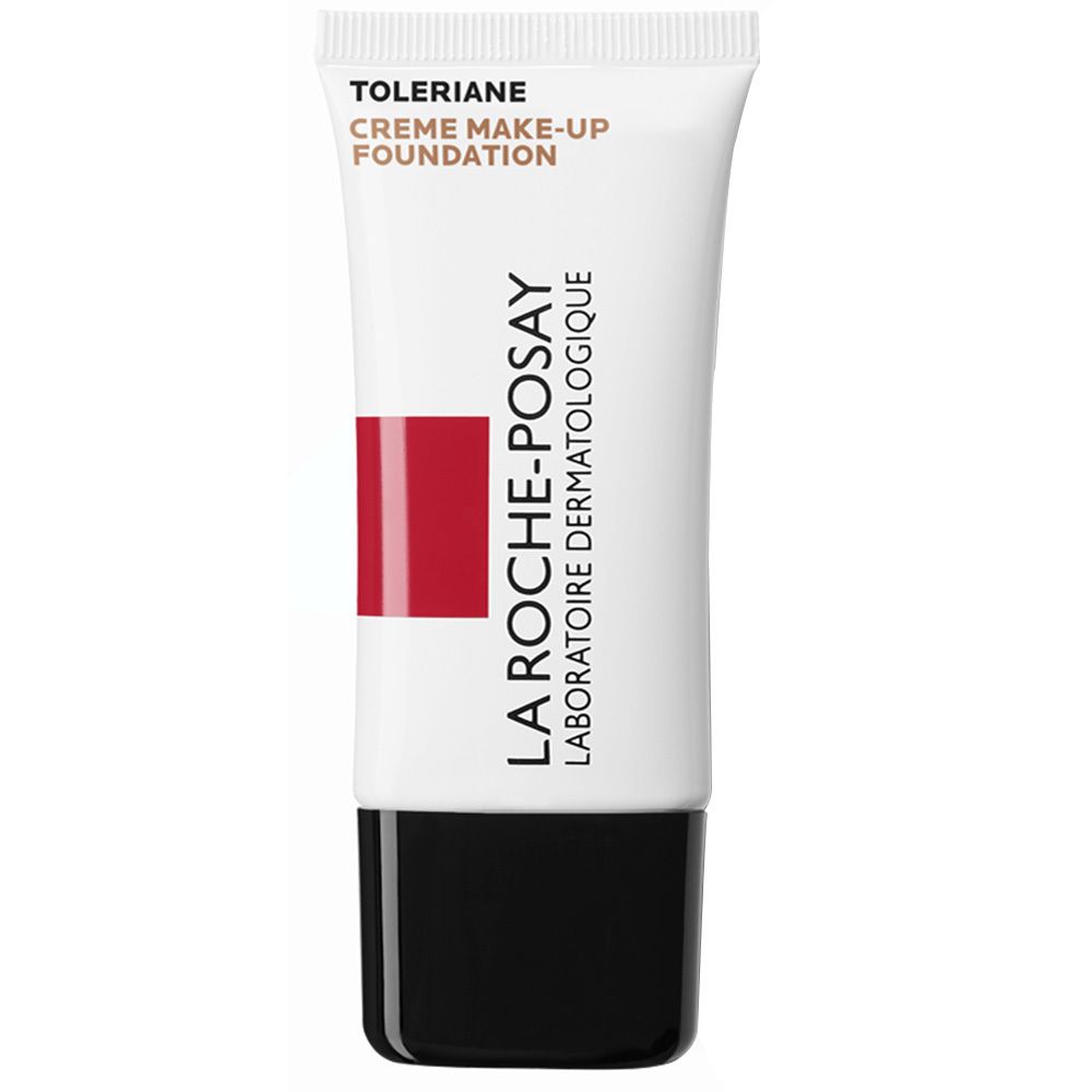 Toleriane Creme Make-up Foundation-Tube. Weißes Tube mit schwarzem Deckel. Roter Streifen und Logo.