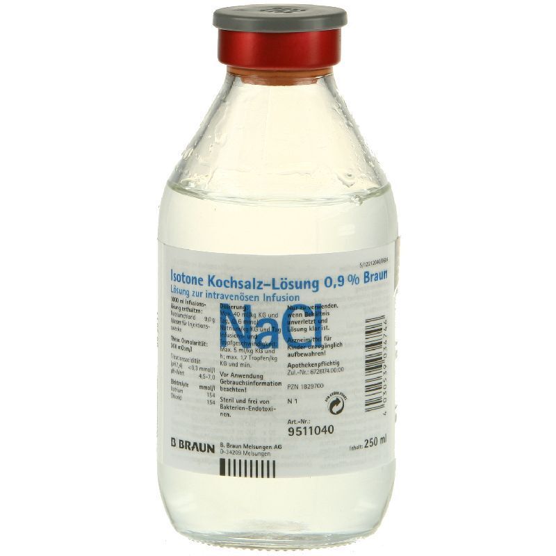 Glasflasche mit Flüssigkeit. Etikett mit Produktinformationen. Grauer Verschluss mit rotem Ring. Barcode.