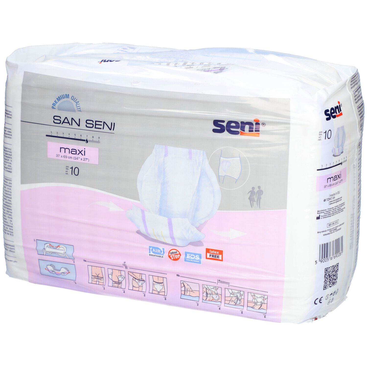 Verpackung San Seni Maxi Inkontinenzvorlagen. Rosa-weiße Verpackung mit Produktabbildung und Schriftzug. E10.