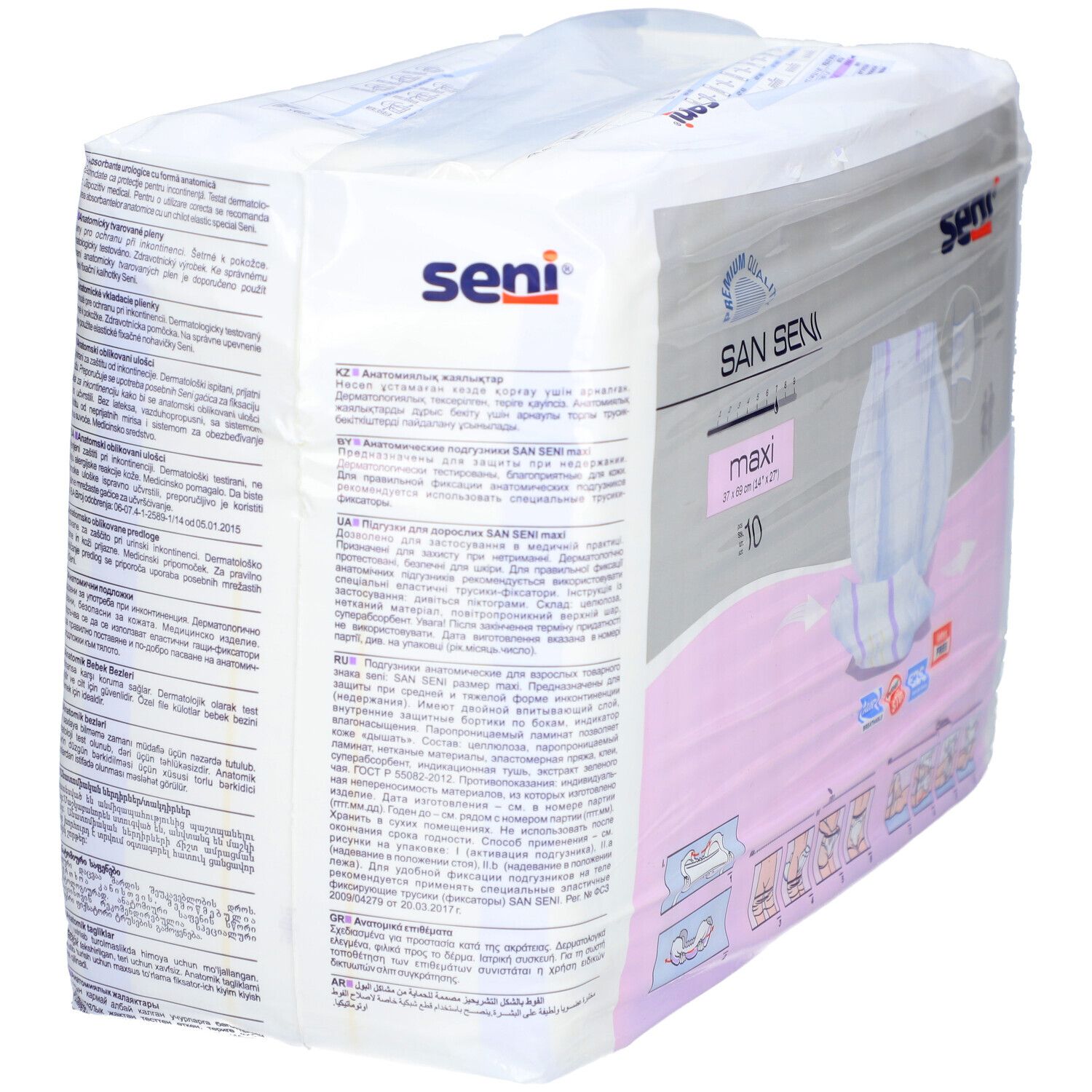 Verpackung San Seni Maxi Inkontinenzvorlagen. Rückseite mit Produktinformationen und Schriftzug. E10.