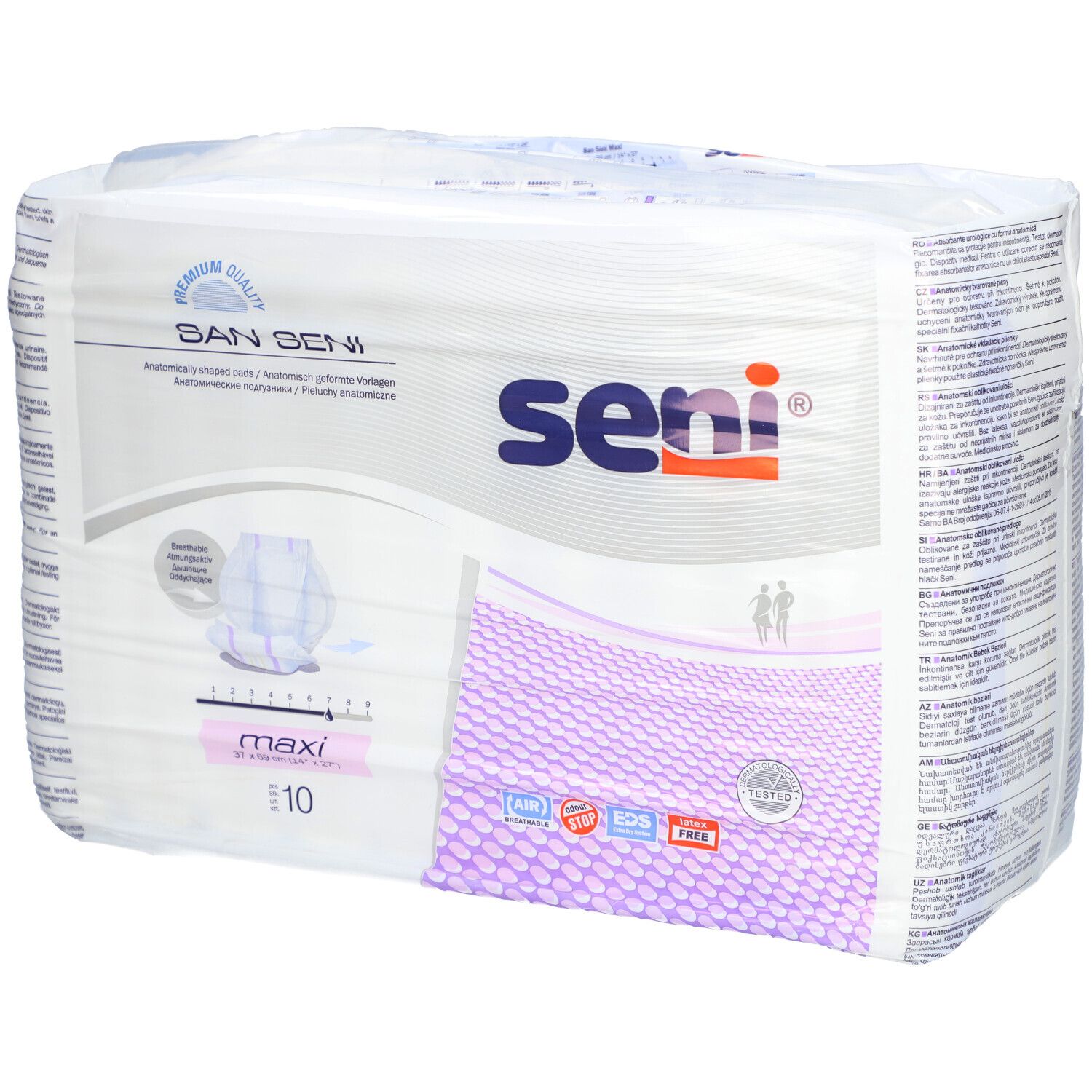 Verpackung San Seni Maxi Inkontinenzvorlagen. Rosa-weiße Verpackung mit Produktabbildung und Schriftzug. E10.