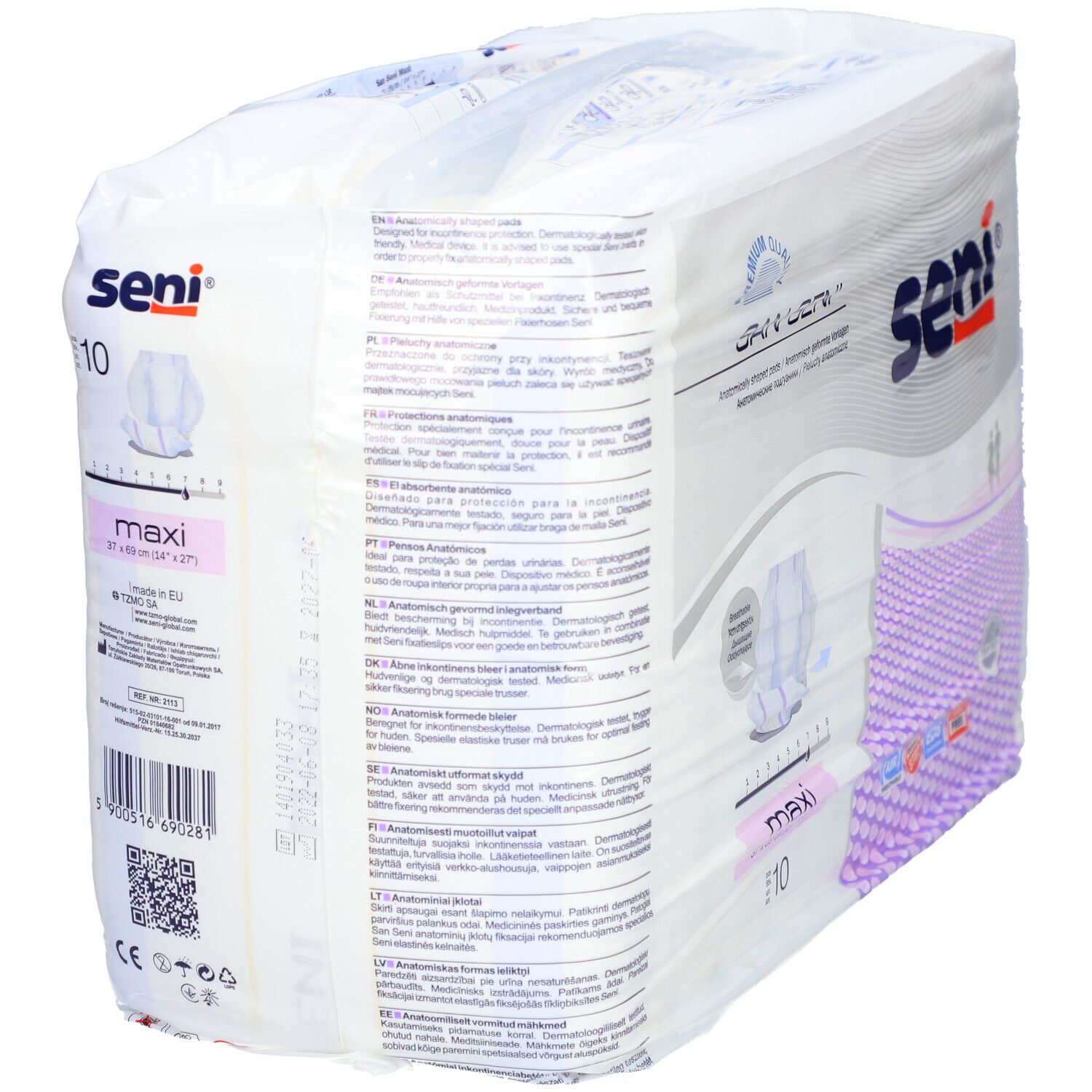 Verpackung San Seni Maxi Inkontinenzvorlagen. Rückseite mit Produktinformationen und Schriftzug. E10.