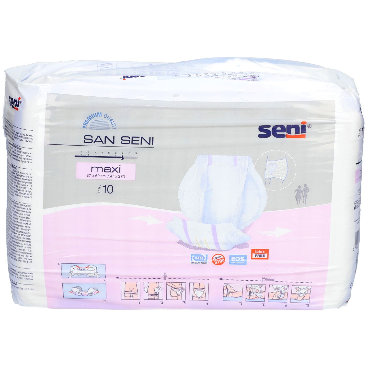 Verpackung San Seni Maxi Inkontinenzvorlagen. Rosa-weiße Verpackung mit Produktabbildung und Schriftzug. E10.